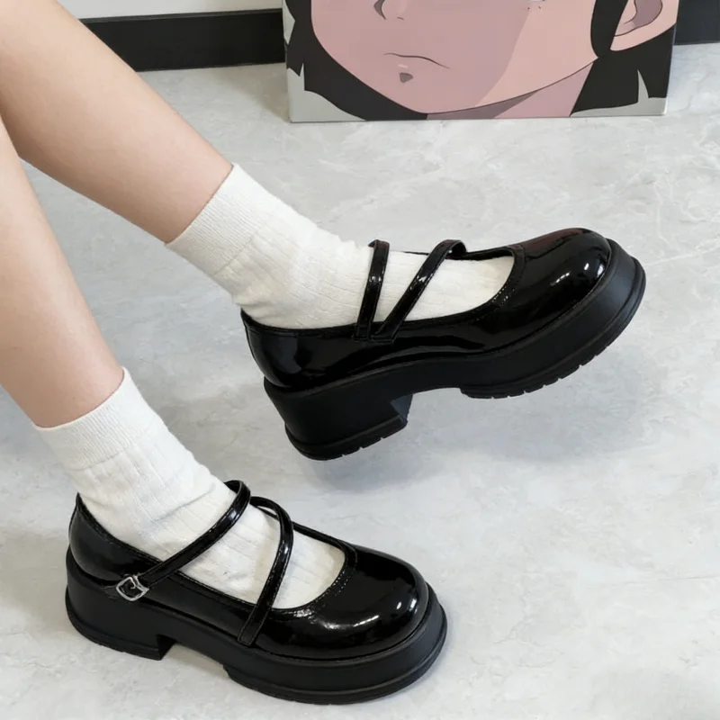 2026 Frühling/Herbst Neue Retro Schwarze Mary Jane Pumps für Damen – Doppelriemen-Schnallen-Plateau-High-Heels, Süße Vielseitige Schuhe