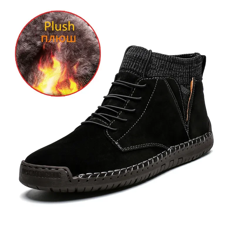 Brand Winter Warm Men Snow Boots High Quality Cow Suede Man Ankle Boots Fur Men Shoes Plush Autumn Basic Drive Boots Big Size 48