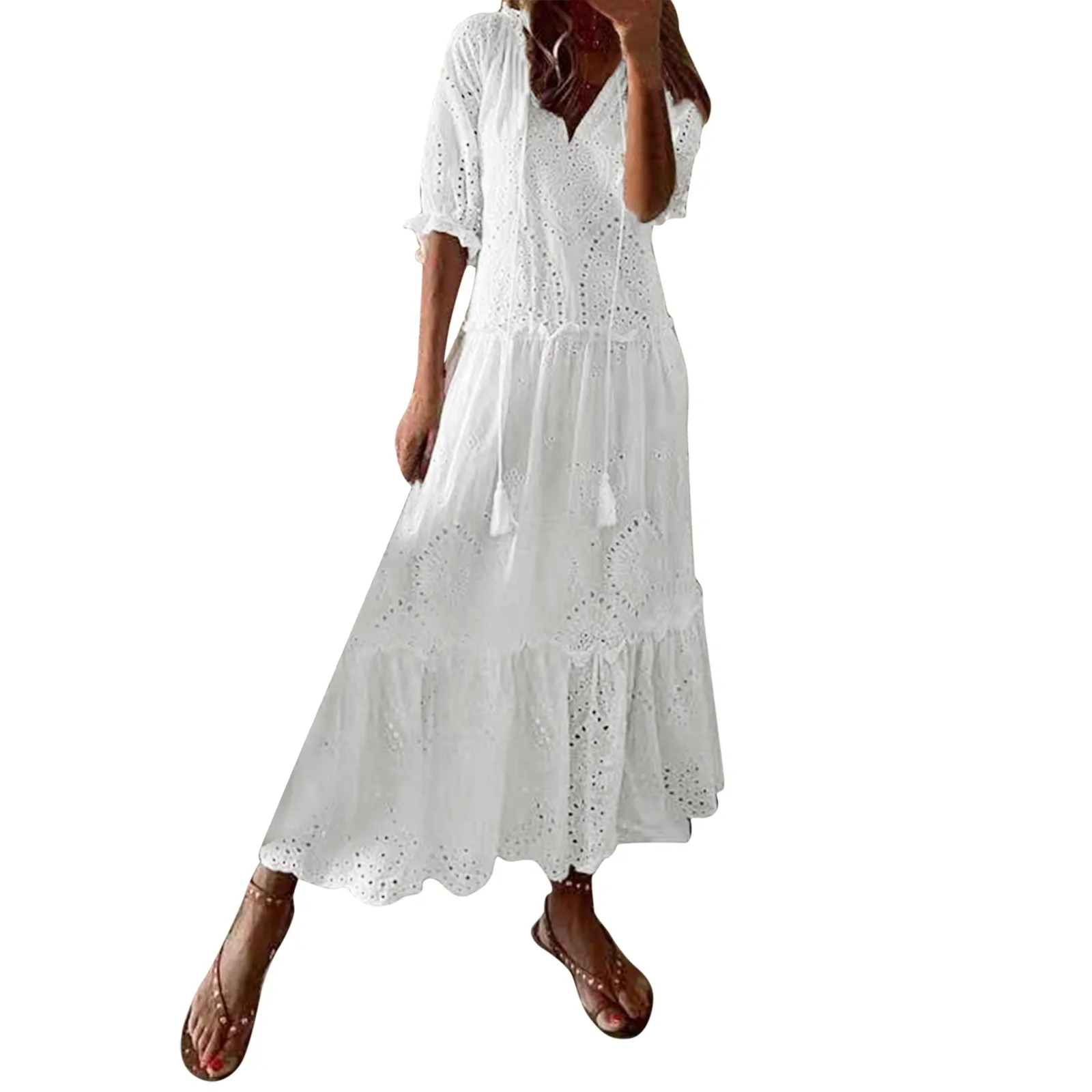 Vintage A-line Loose Embrioderied Floral Hollow Crochet Summer Cotton White Casual Loose Lace Up Boho Holiday Ruffles Women Dres