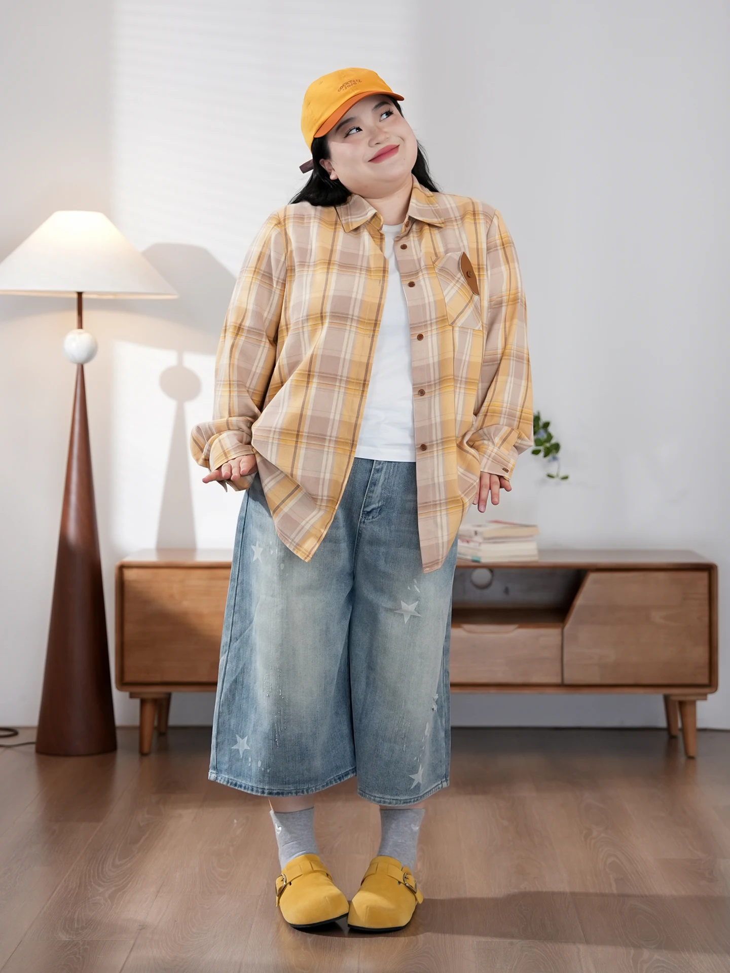 

Yellow Plaid Stand Collar Color Blo Large Size Women's irt Korean Sle Cotton Polyester Blend Long Sve Autumn Spring
