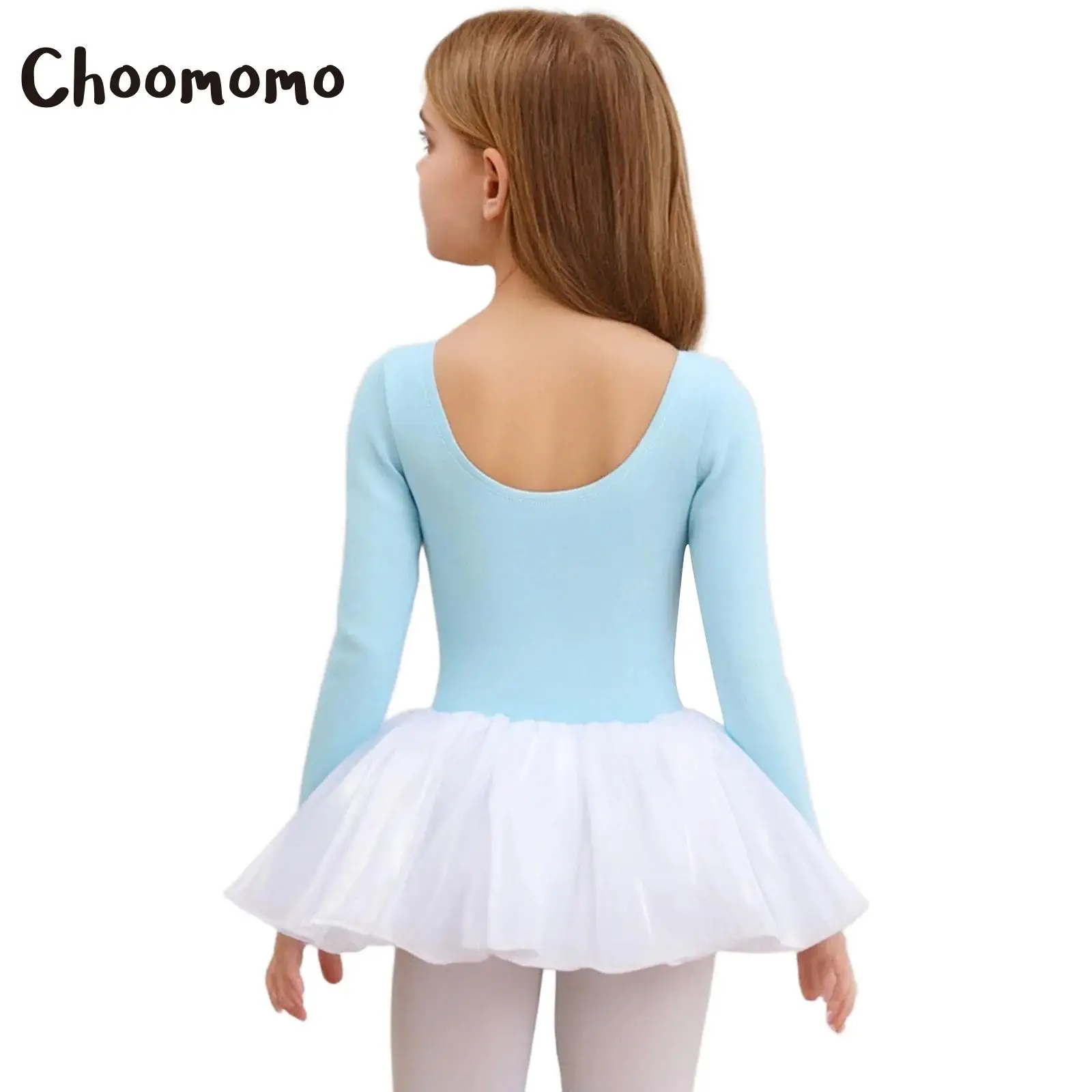 

Kids Girls Long Sleeve Ballet Leotard Dress Bowknots Ruched Cotton Tulle Tutu Dress Gymnastics Skating Performance Competition