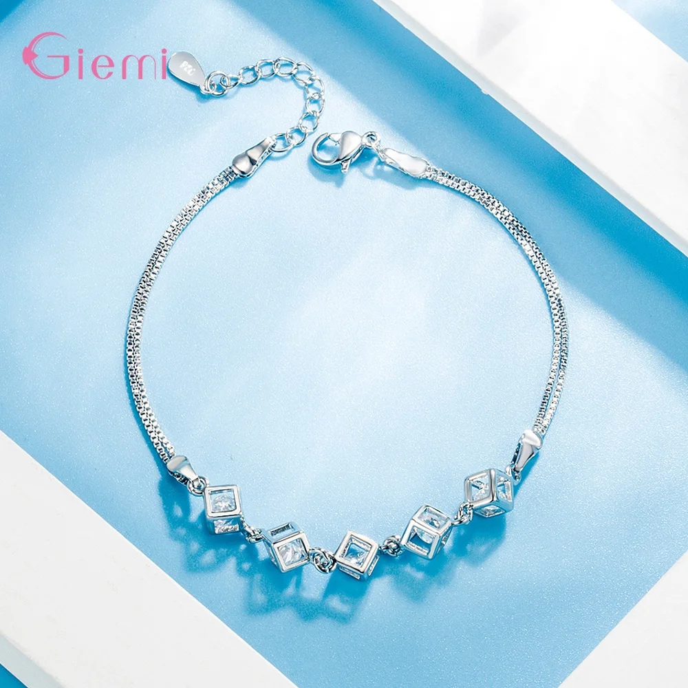 Classic 925 Sterling Silver Bracelets Jewelry White Cubic Zircon Cube with Extender Chain for Women Girls Birthday Gift