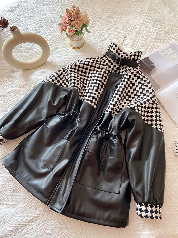 2024 New Winter Sheepskin PU Leather Jacket Women Mid-length Velvet Cashmere Parka Winter Faux Fur Leather Checkerboard Jacket