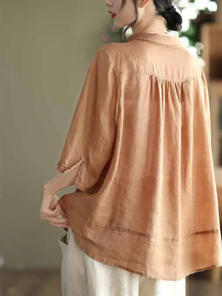 Camicetta in lino di cotone blu con bottoni vintage ort Sve irt da donna di marca originale