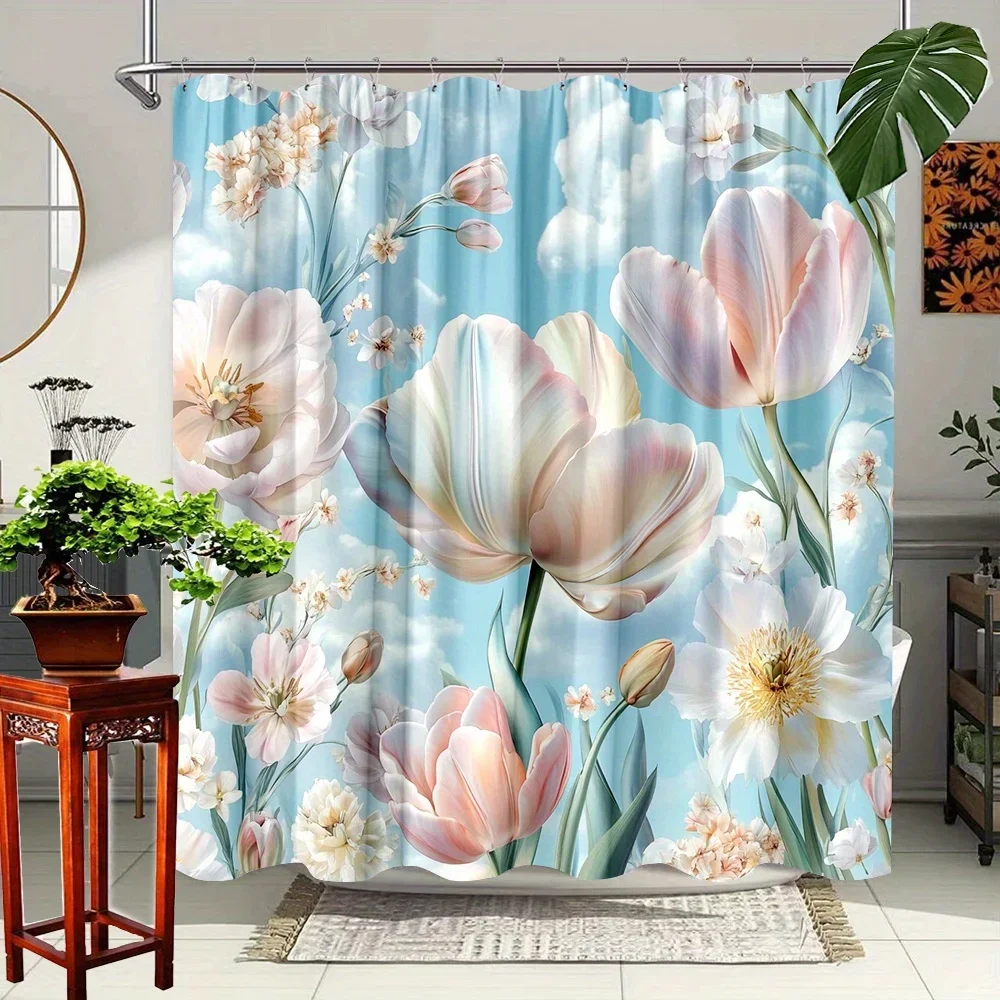 

~O~1pc Pastel Floral Shower Curtain - Realistic Tulips & Clouds, Soft Flowers, Polyester, 70x70In, 12 Hooks, Washable, All-Seaso