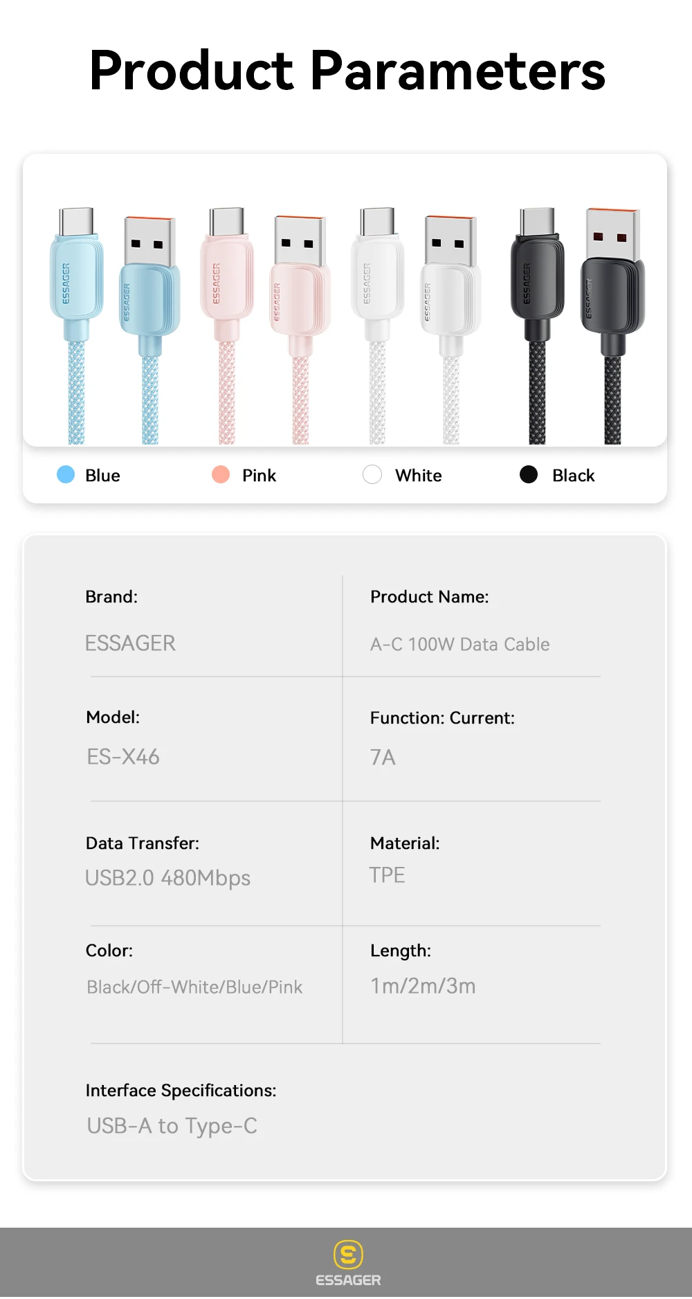 Essager 7A 100W USB Type C Cable For Huawei Honor 88W PD Fast Charging Charger USB A Data Cord Cable For Xiaomi Oneplus Samsung