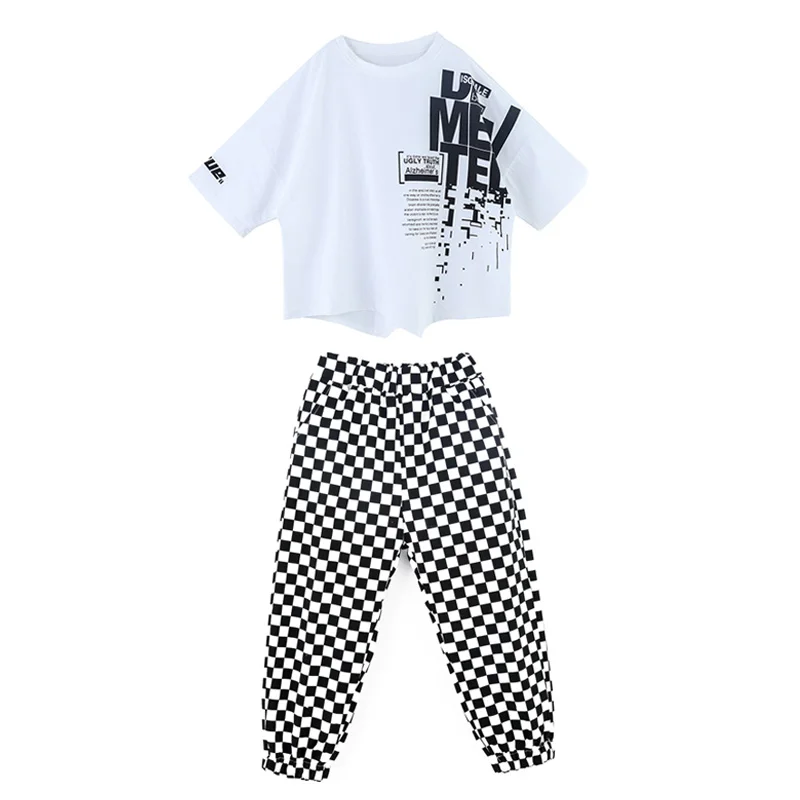 Kid Hip Hop abbigliamento Graphic Tee Long oversize T Shirt Top Streetwear pantaloni Jogger a scacchi per ragazza Boy Dance Costume Clothes