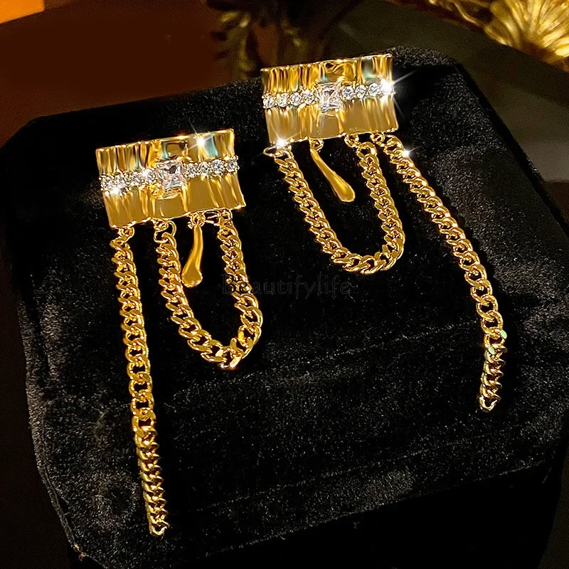 Metal pleated zircon fringed earrings fashion simple chain earrings high sense