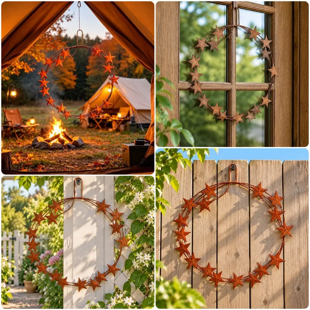 Creative Rusty Red Star Hanging Wreath Rustic Style Metal Fence Hanging Decoration Craft Photo Props Door Decoration Courtyard