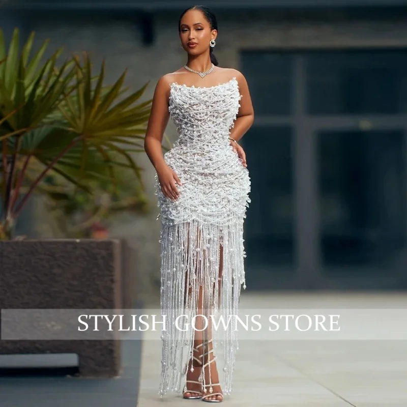 White Beaded Tassel Midi Homecoming Gown Sexy Strapless Sweetheart Neckline Prom Dress Elegant Party Dress Customized