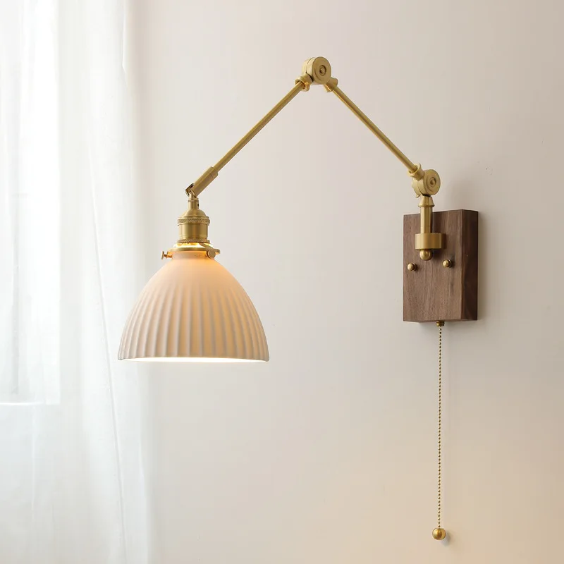 

Walnut Japanese All Copper Swing Arm Bedroom Bedside Lamp Retro Background Wall Bookstore Lamp with Switch Ceramic Wall Lamp