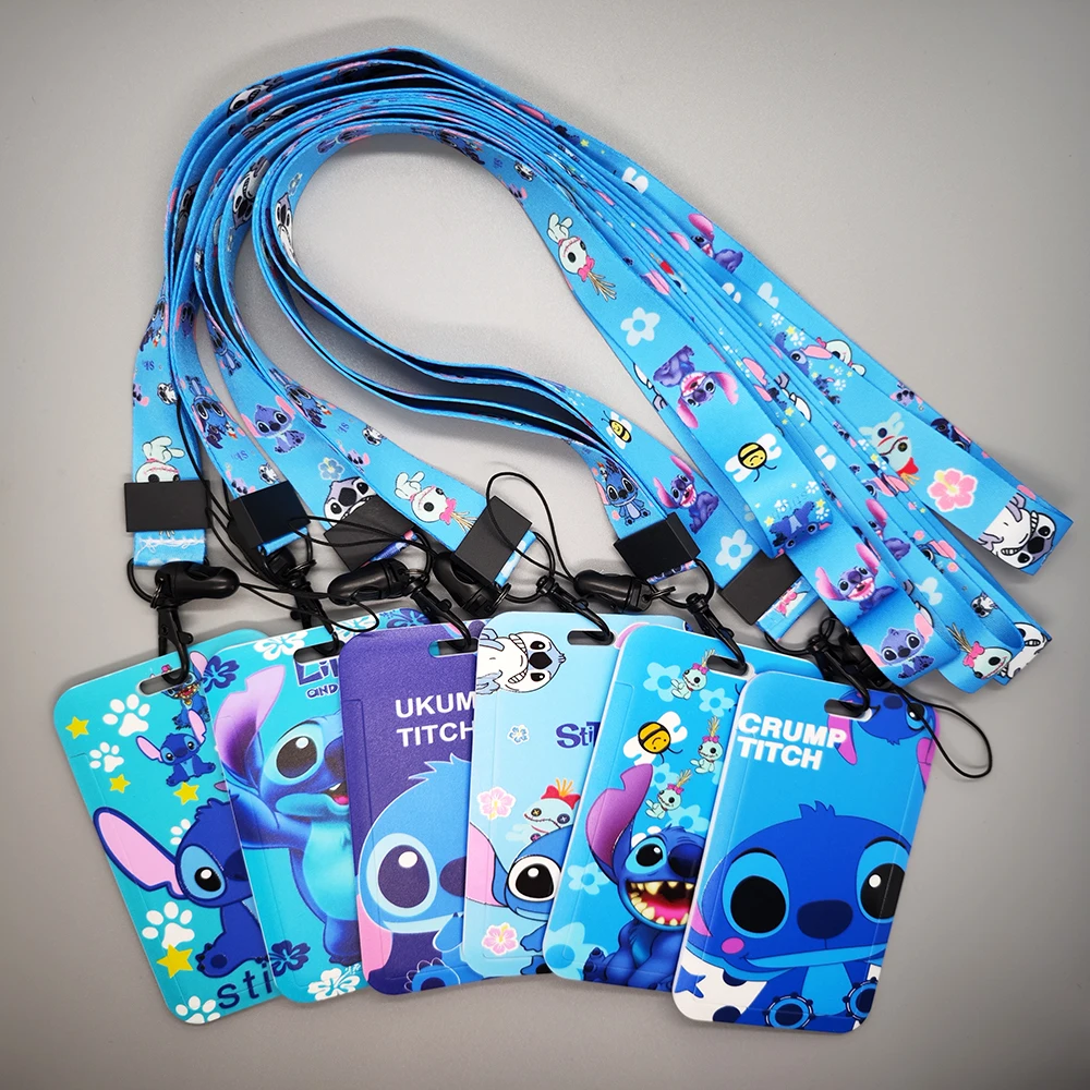 Anime Action Figure Stitch Cute Girl Lanyard Credit Card Cover Pass Women Mobile Phone Charm Straps Work Key Accessories