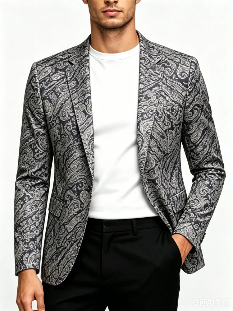 Men's One Button Blazer Dark Base Metallic Paisley Vine Print Slim Fit Single Breasted Lapel Suit Blazer