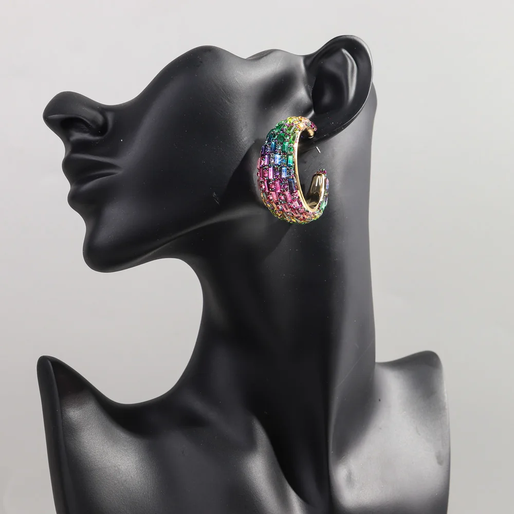 FishSheep Luxury C-Shape Crystal Hoop Earrings for Women Bohemian Colorful Acrylic Wide Hoops Fashion Party Jewelry