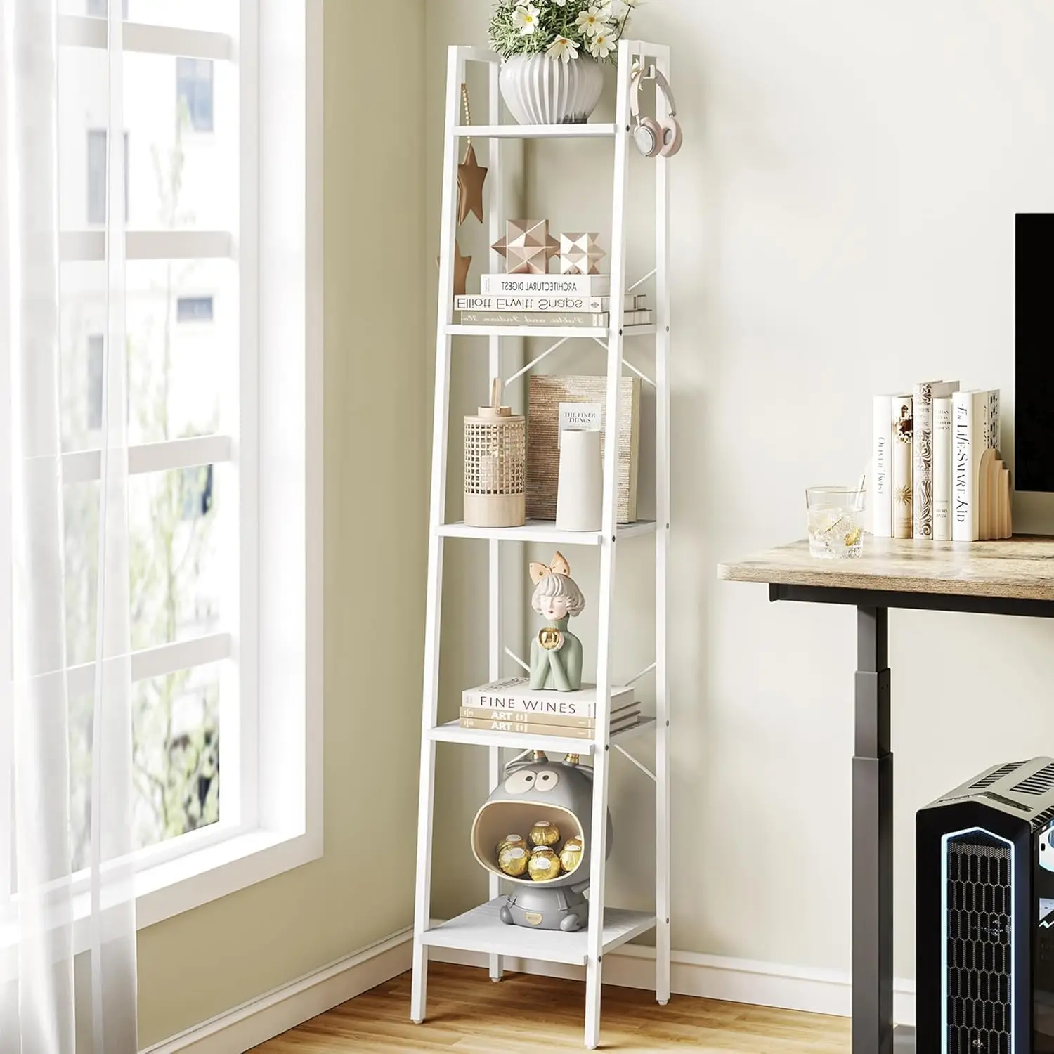 

5-Tier Ladder Shelf with Hooks for Home Office, Living Room, Kitchen, Bedroom - White Industrial Storage