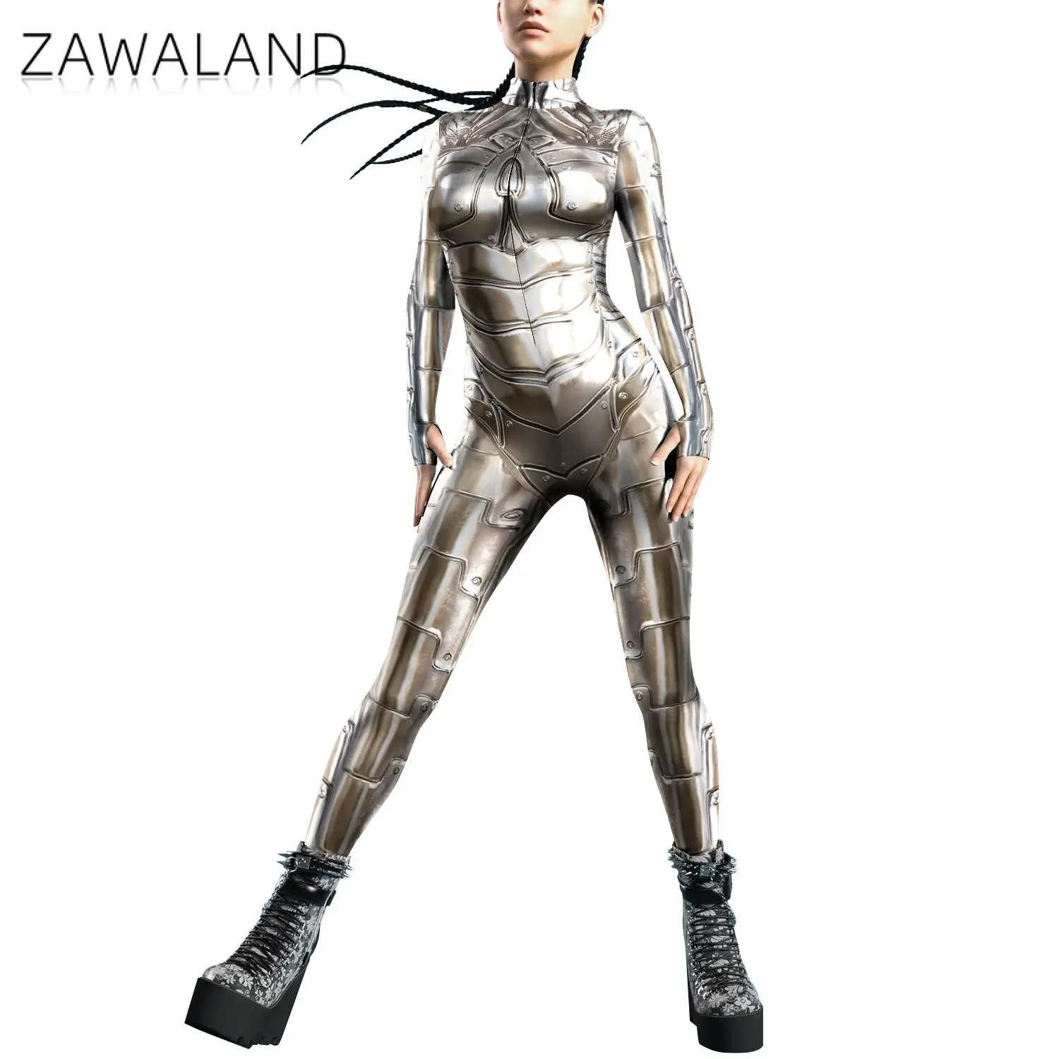 Zawaland Adult Man Woman Bodysuits 3D Printing Robot Cosplay Costumes Punk Disguise Holiday Party Elastic Jumpsuits For Female