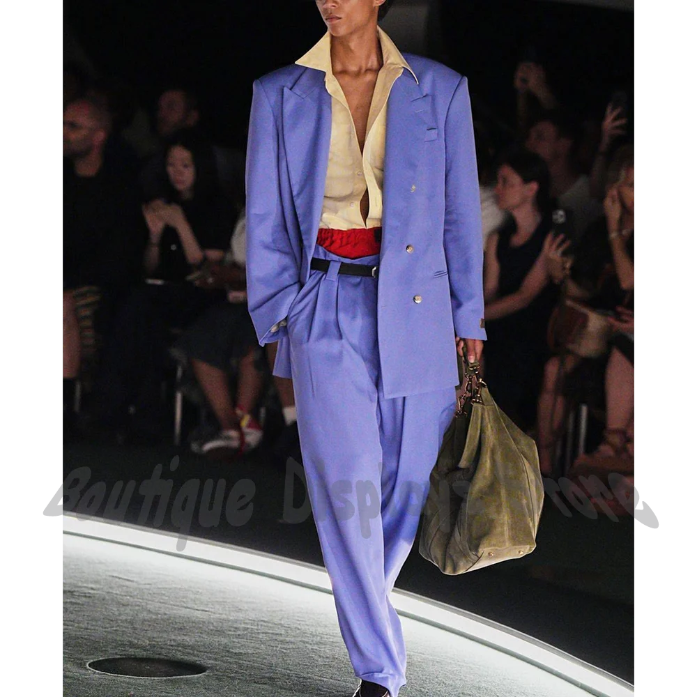 High Quality Men‘s Suit Peak Lapel Double Breasted Oversized Jacket Pants Solid Color Fashion Show Male Clothing Smart Casual