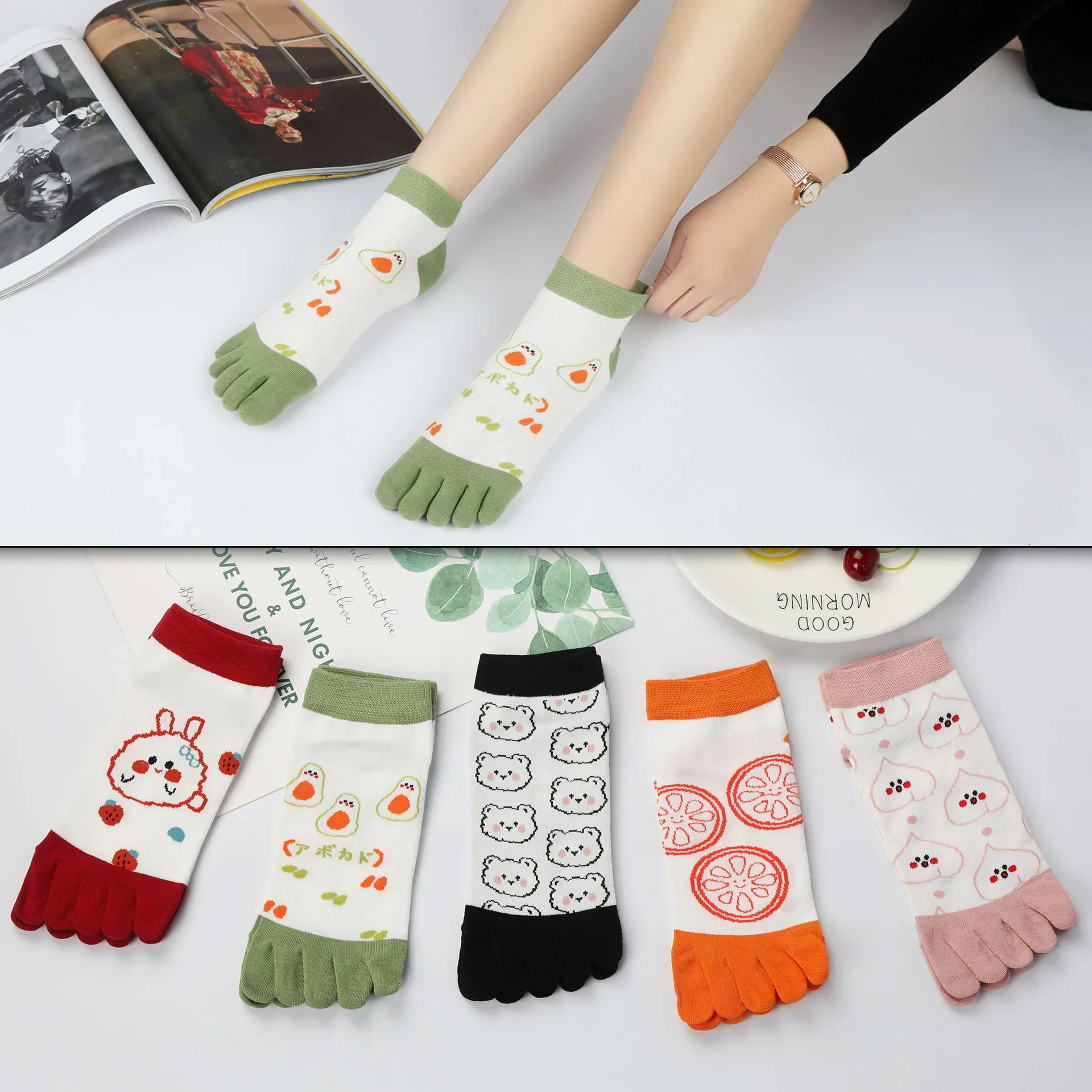 Summer Ladies Five-finger Socks Toe Cotton Socks Color Matching Summer Thin Ankle Socks Set