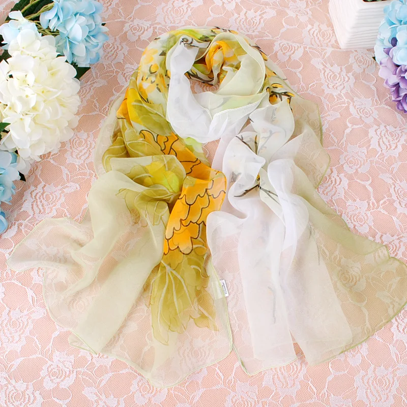 Elegant Beautiful Gradient Peony Chiffon Georgette Bandana Scarf Women Foulard Summer Beach Sunscreen Thin Hijab