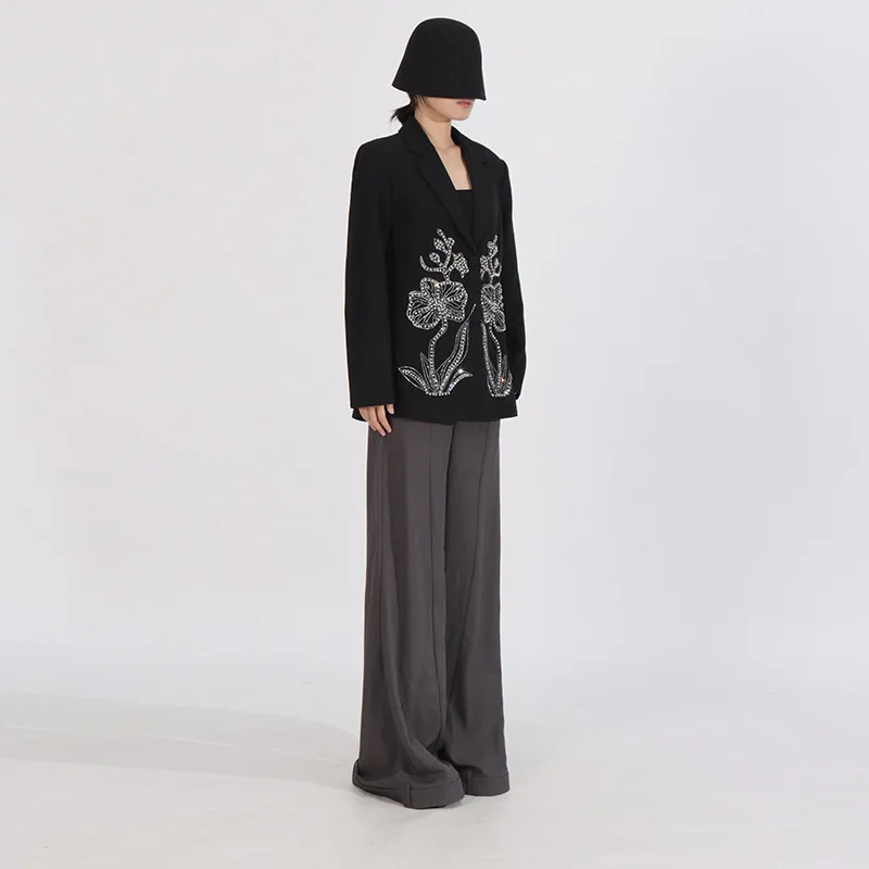 Elegant High-End Versatile Commuter Office Lady Suits Heavy Industry Diamond Beaded Flower Single-Breasted Black Blazers Women