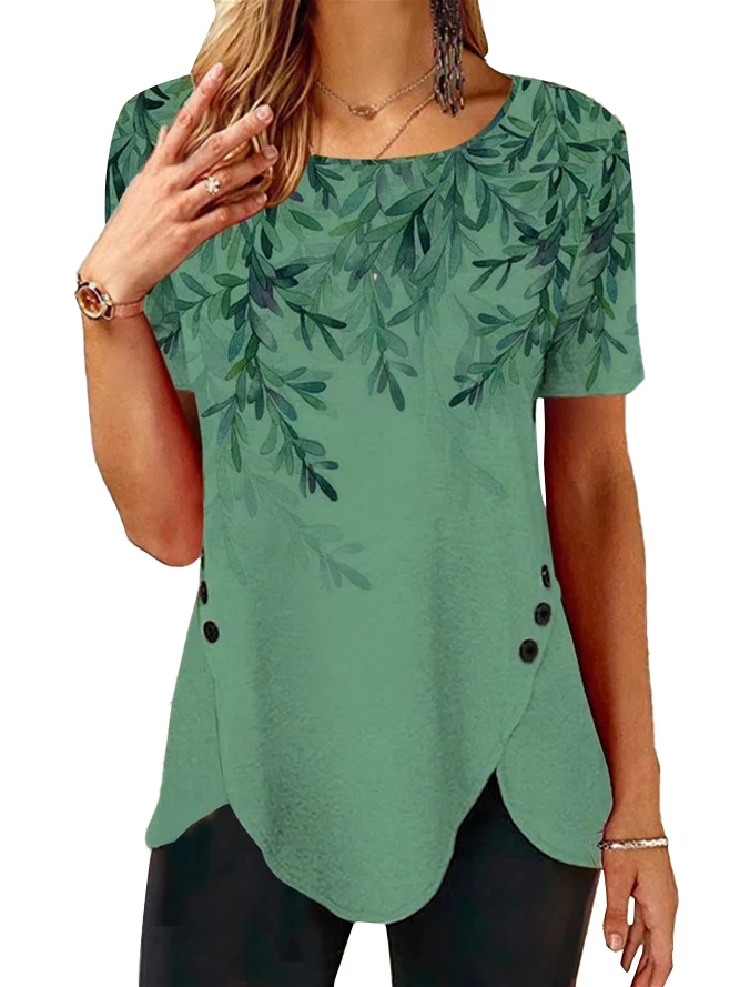Plus Size Women's Green Scoop Neck Short Sleeve Printed Top