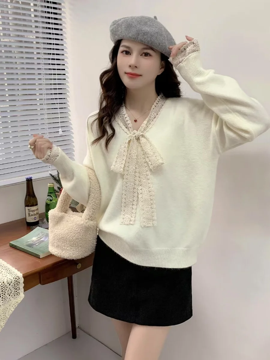 

Кружевной свободный женский базовый свитер с эффектом похудения, зимняя внутренняя одежда, вязаный свитер, топ