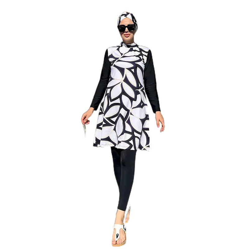 Middle East Dubai White Printed Long Sleeve Trousers Women's Conservative Swimsuit Three-piece Set