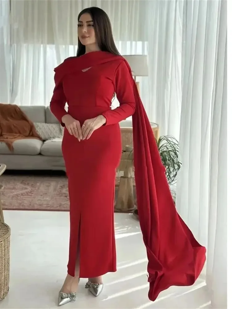 

Red Satin Mermaid V-Neck Long Sleeves Pleat Ankle-Length Split Zipper Back Elegant Evening Gowns Women فساتين الس