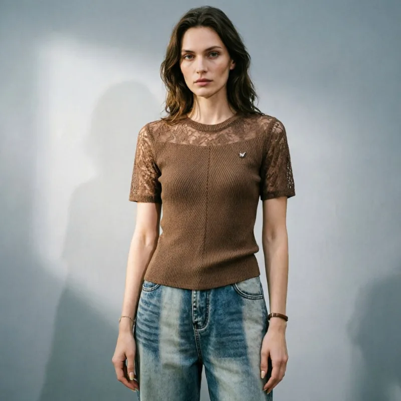 Miyake Pleated T-Shirt Plisse Women 2026 Summer New Fold Solid Color Elegant Lace Patchwork Round Neck Pleats Loose Slimming Top
