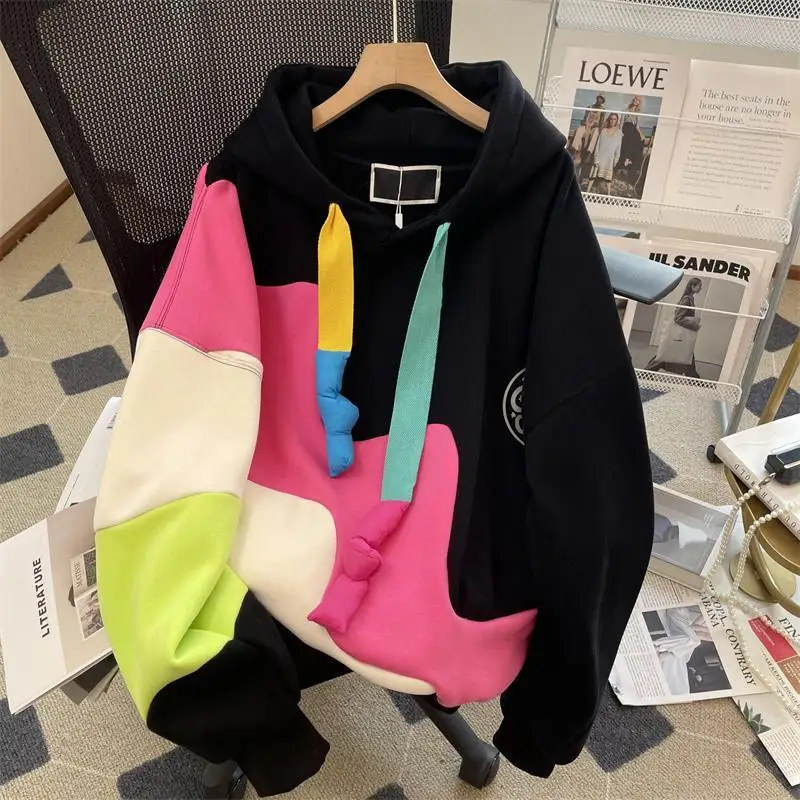 American oversized loose dopamine hooded sweatshirt, winter warm rainbow jacket  oversized hoodie women