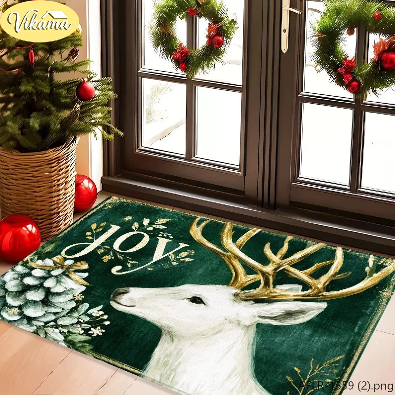 VIKAMA Letter & Snow Christmas Flannel Door Mat, Non-Slip Washable Xmas Area Rug for Entryway Front Door Living Room Kitchen