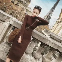 Woman Dress Yellow Dresses for Women Turtleneck Brown Crochet Knitted Outfits Hot Long Sleeve Sensual Sexy Cheap Casual Clothes