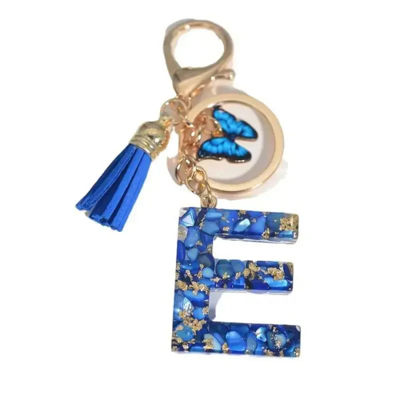 Fashion Blue Glazed Stone A To M Letter Keychain Initials Alphabet Butterfly Tassel Pendant Car Keyring Women GIft Accessories