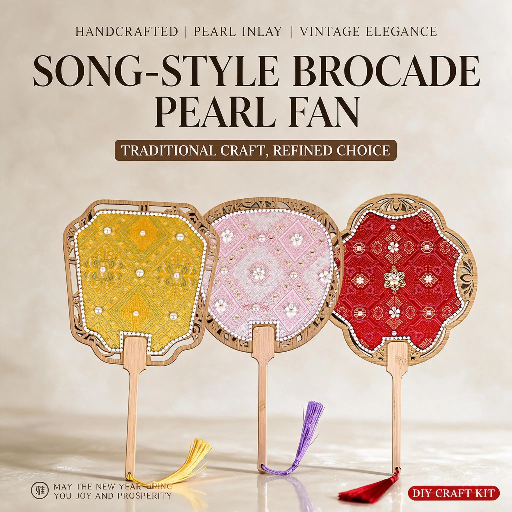 Diy Traditional Chinese Imitation Song Brocade Pearl Inlaid Hand Fan Making Kit For Hanfu Accessory Team Building Salon Activity