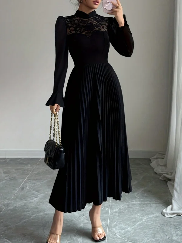 Krismile – robe à col Qipao pour femmes, nouvelle élégance chinoise, panneau en dentelle, jupe plissée, cintrée à la taille, pour le dîner, les événements de mariage