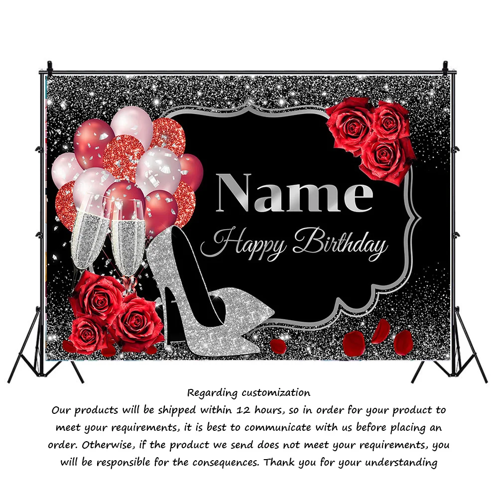 Custom Name Red Pink Rose Flowers Golden Balloons Happy Birthday Heels Champagne Background for Women Party Banner Photo Props