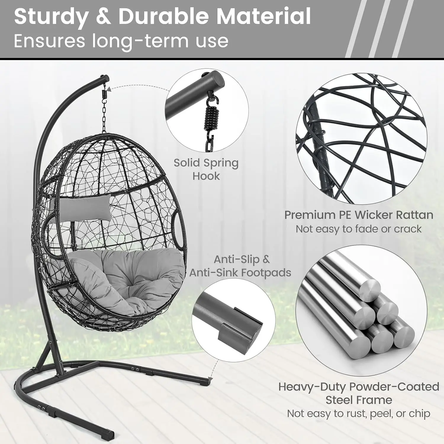 All-Weather PE Wicker Hanging Egg Chair with Stand, Removable Cushion & Headrest for Balcony Bedroom Outdoor, Grey, Customized