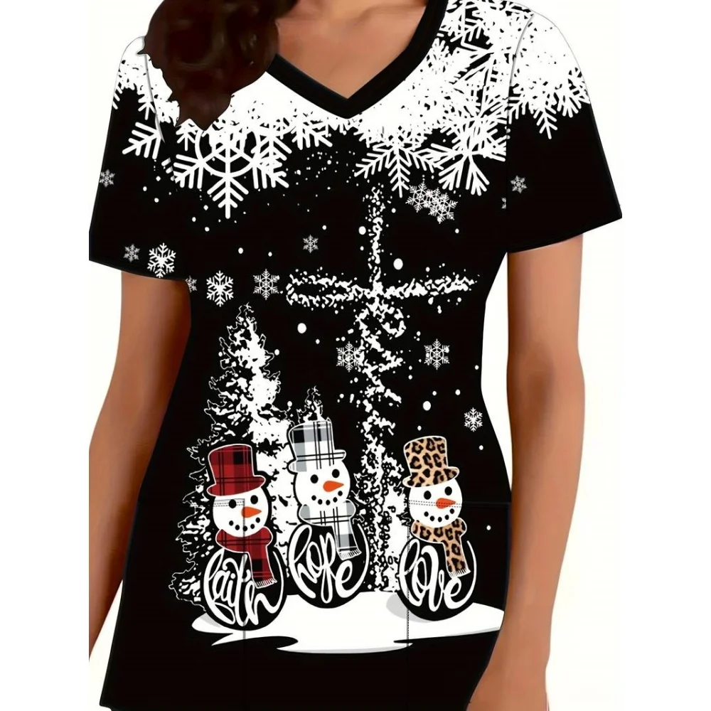 Uniforme de gommage de noël pour femme, motif de bonhomme de neige de dessin animé, haut d'infirmière de dentiste, confortable à manches courtes avec poche, uniforme d'infirmière pour femme