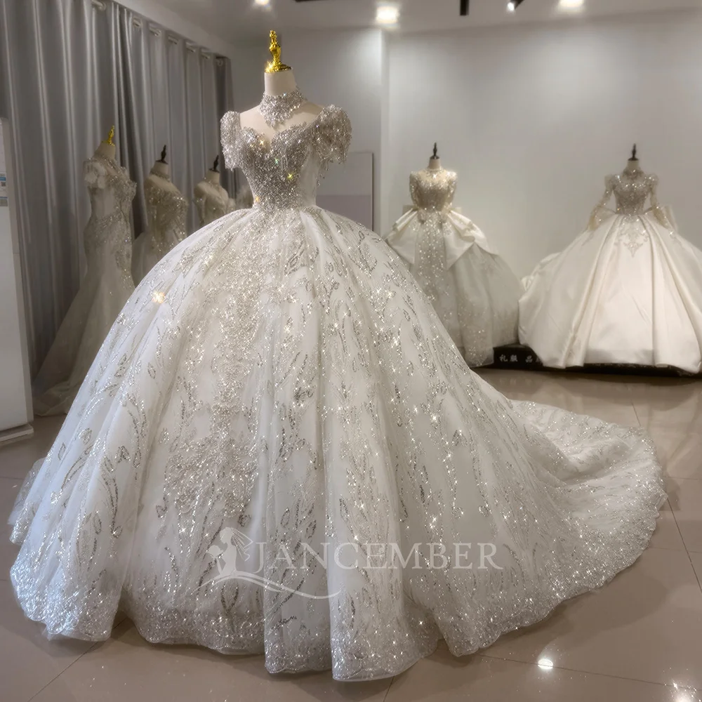 Maßgeschneiderte Kurzarm Brautkleider Sparkly Pailletten Applikationen Modest O-ansatz Brautkleid Prinzessin Robe Vestidos De Novia