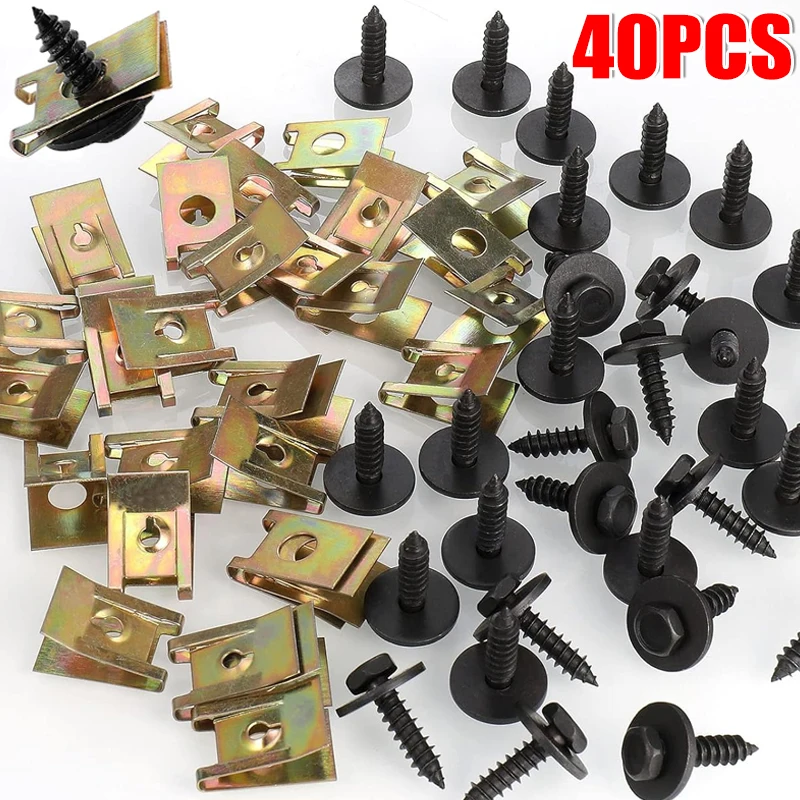 20/40pcs Mixed Car Metal Screw Tapping Fastener Clip U-Type Clip with Screw Anti-rust Protection Clip Screw Buckle Iron Sheet