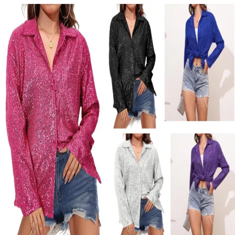 

2025 Spring New Women's Fashion Rhinestone Long-Sleeved Notch Lapel Elegant Casual Shirt