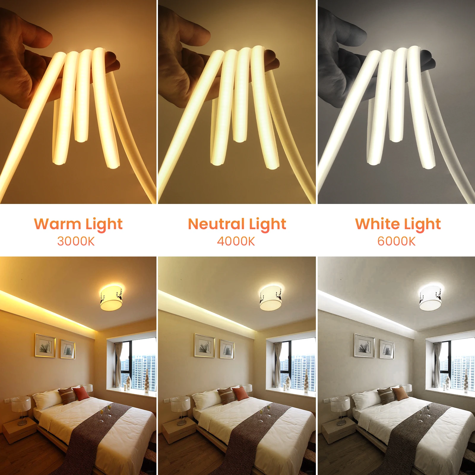 AC 220V Dimmerable COB Neon Light Bluetooth APP Control IP65 Waterproof 3000K 4000K 6000K White Flexible Ribbon Tape LED Strip