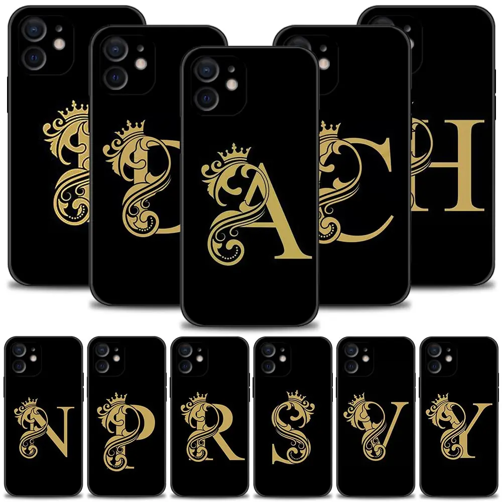 Luxury Gold Royal Crown Letter A-Z Phone Case For Apple iPhone 15 14 13 12 11 Pro Max 15Plus 14Plus 13Mini XS XR X 7 8 Funda