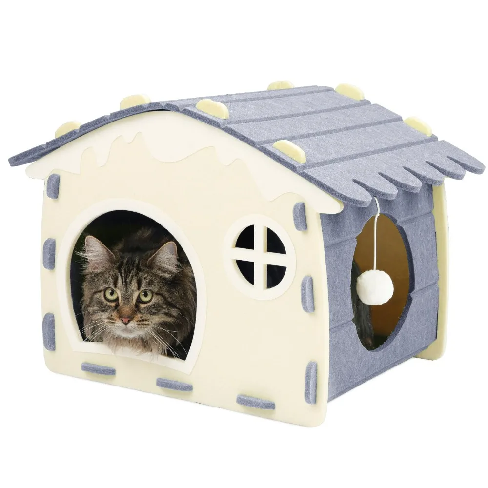 

Hideaway Design Cat House Wear-resistant Felt Material Cat Cave for Within 20lb with Toy Ball Cats Bed