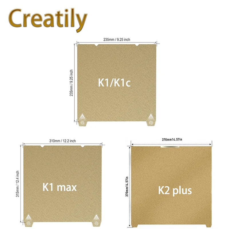 

235/310/370x370 мм K1/K1 Max/K2 Plus Золотая рабочая пластина, двухсторонняя текстурированная гибкая пружинная сталь, лист PEI с магнитной печатью