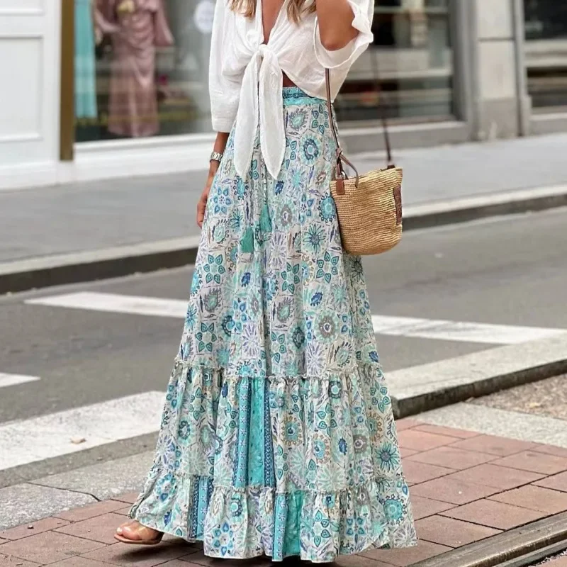

Casual Floral Print Long Skirts For Women 2025 Summer Bohemia Women's Loose Maxi Skirt Female Beach Vacation A-Line Skirt