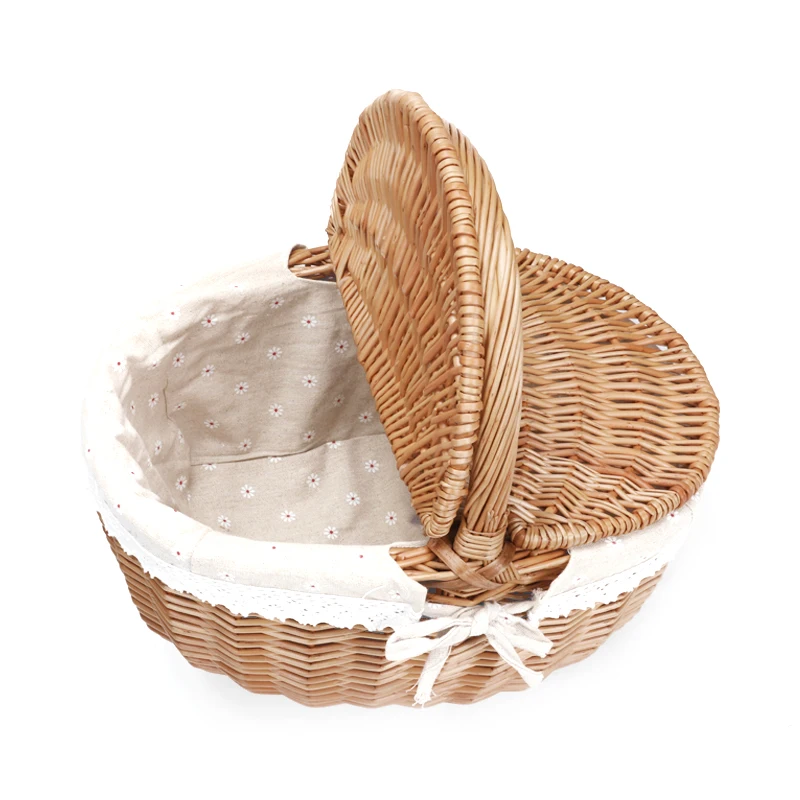 Widely Used Bread Fruit Woven Willow wholesale empty weave Wicker handle picnic hamper basket with lid gift food Storage Basket