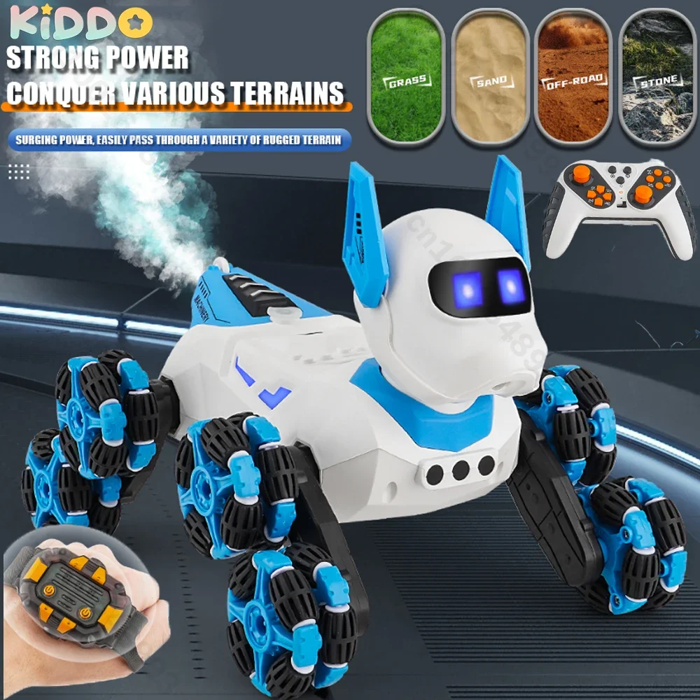 Robot RC 2.4G, zdalnie sterowany pies robot, ośmiokołowy, drifujący o 360 stopni, akrobacje, sterowanie gestami, z efektami świetlnymi, muzyką i funkcją rozpylania, zabawka dla chłopców, prezent.