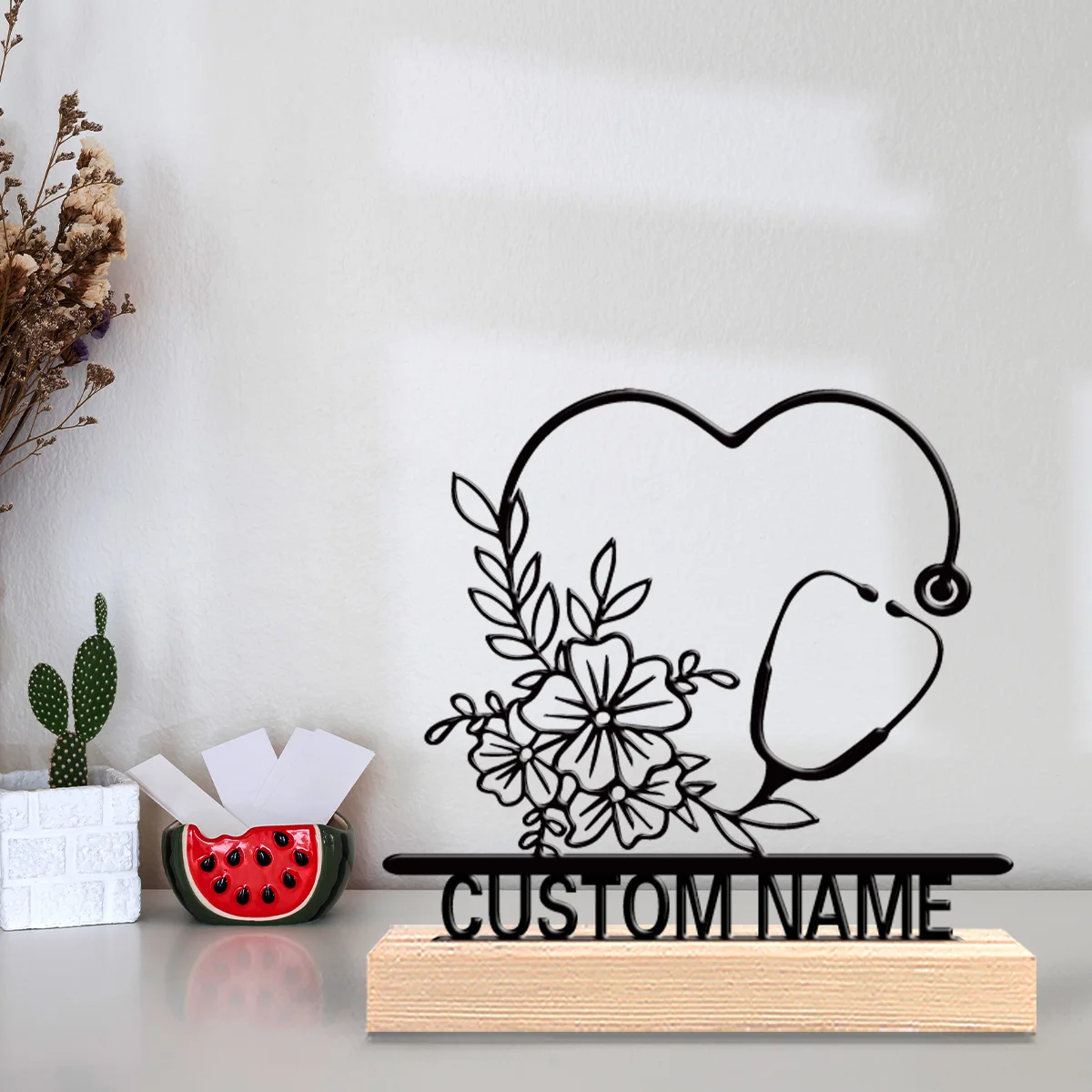 1pc Modern Stethoscope Customized Name Metal Statue Metal Ornament Art Crafts With Wood Base Tin Statue For Children Gifts