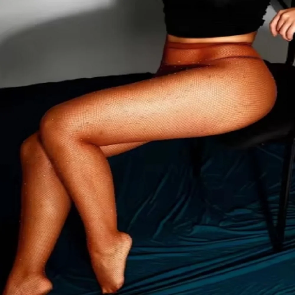 2024 musim panas stoking Pantyhose berlian jaring-jaring untuk wanita mode seksi ketat jaring berkilau perempuan ramping berlian imitasi Mesh stoking spandeks ketat